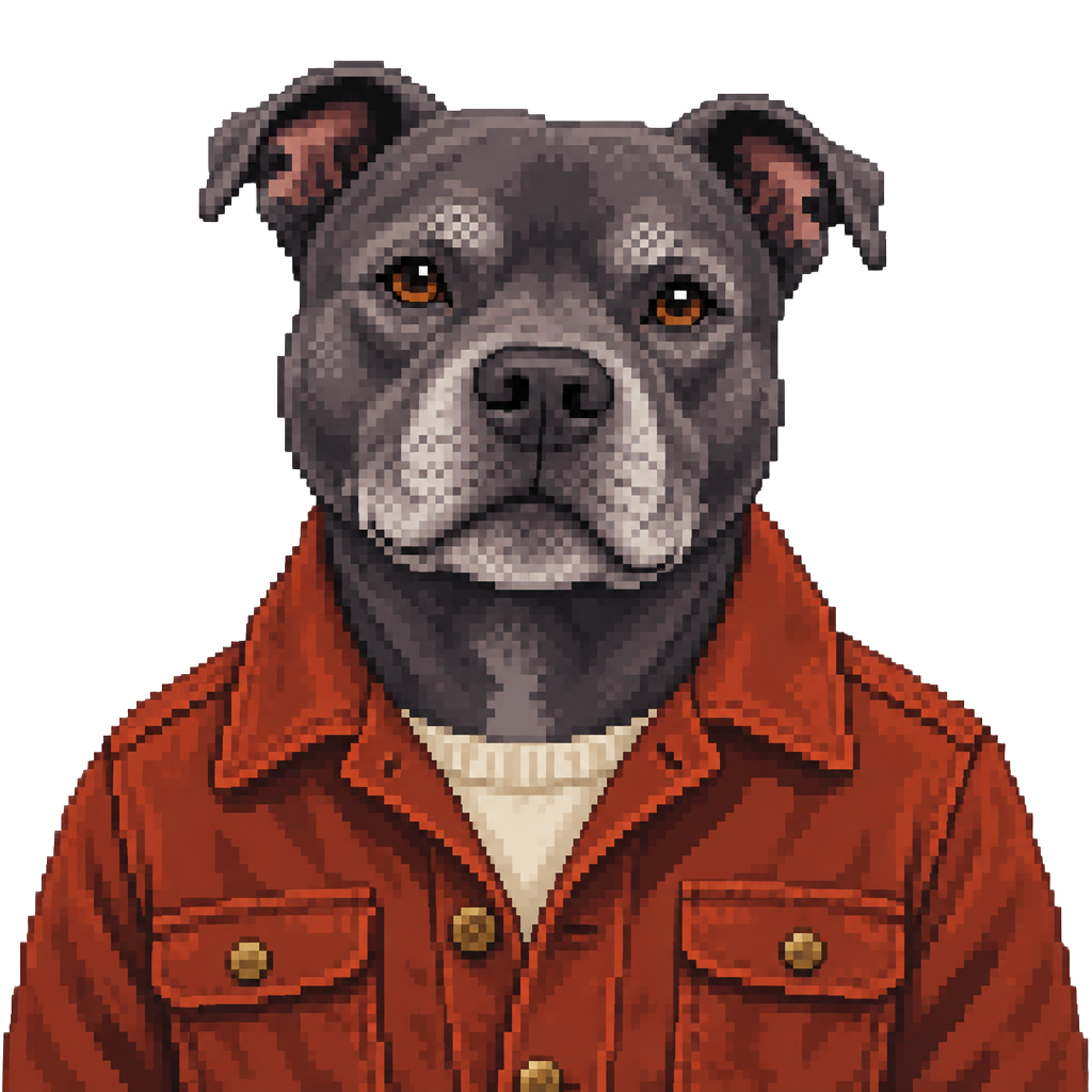 Pikselowy portret psa Tonic, staffordshire bull terrier
